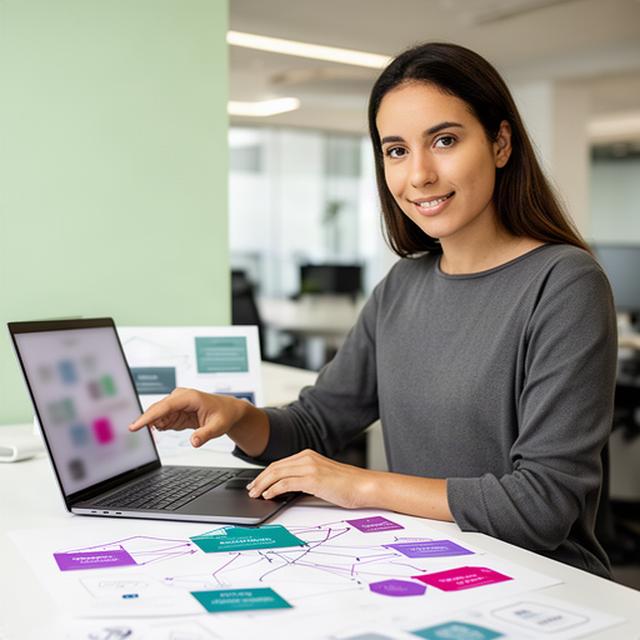 Qubra Sefuentes working on system integration diagrams beside a laptop in a modern office