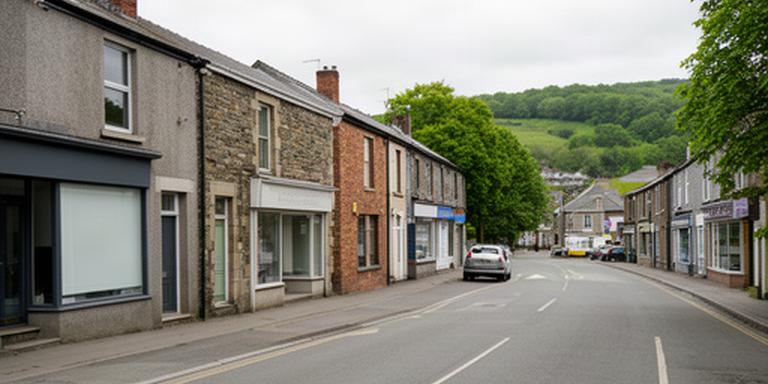 Street-level view of Henry Street in Rhosllanerchrugog, Wrexham, showing the local business area