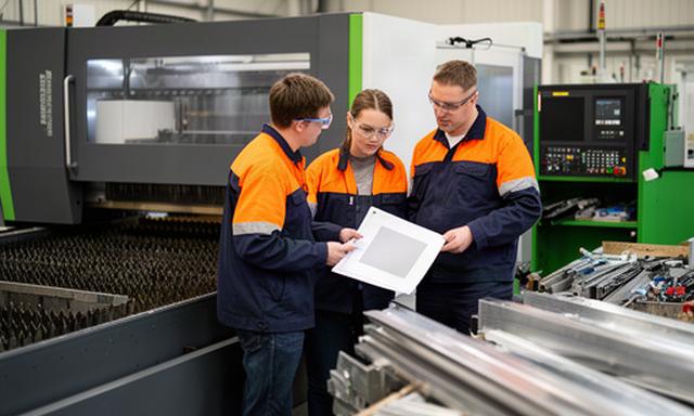 Metal fabrication team checking job paperwork beside a modern cutting machine