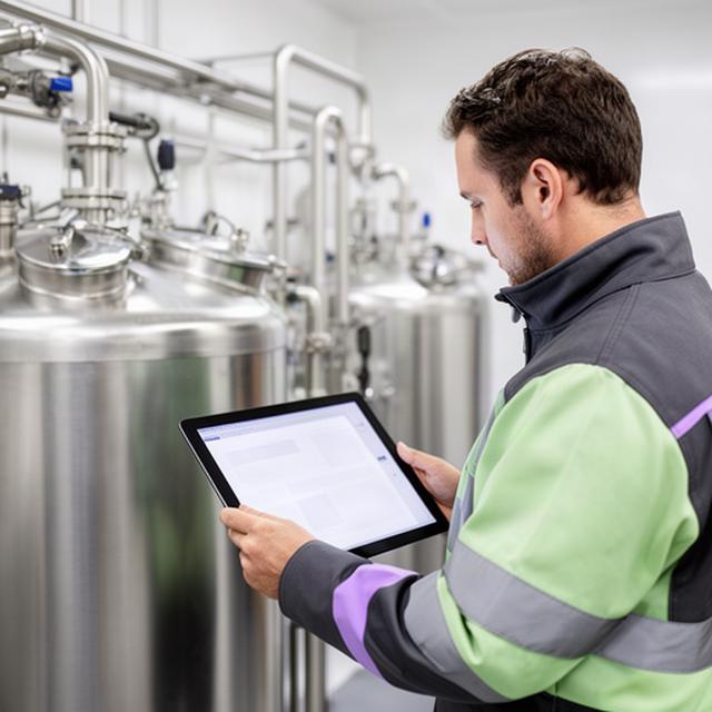 Quality specialist reviewing a digital batch record beside stainless steel production equipment in a Welsh manufacturing facility