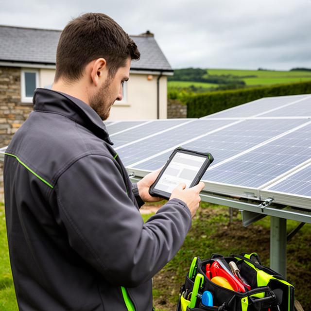 Renewable energy engineer reviewing a digital work order beside solar panels at a Welsh property