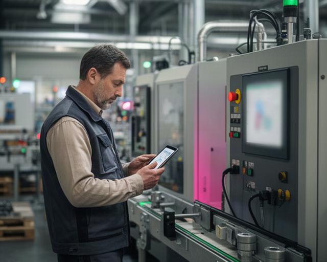 Production supervisor reviewing connected manufacturing data beside machinery in a Welsh factory
